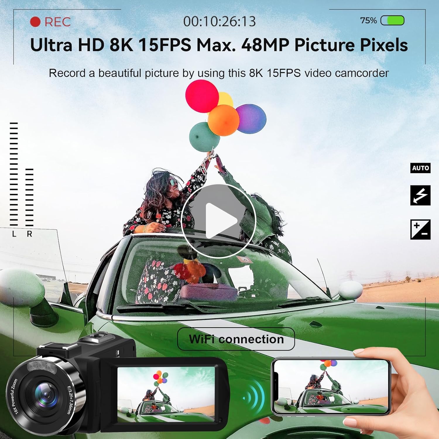 Videocamera, Videocamera, videocamera 8K 48MP 15FPS UHD WiFi Vlogging Camera con visione notturna IR for YouTube, touch screen da 3" Zoom digitale 18X