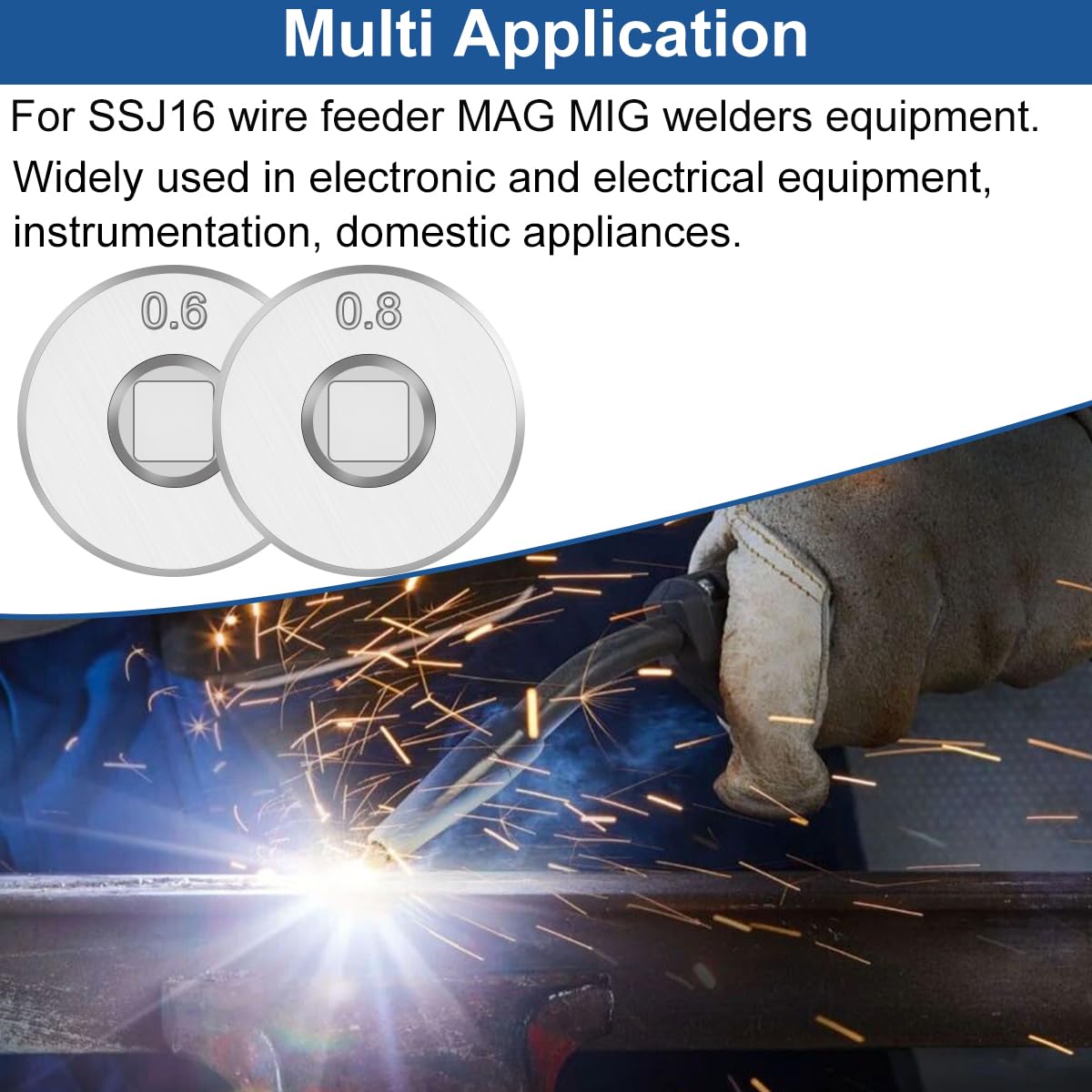 Rulli di trascinamento del filo MIG per l'alimentatore di filo animato SSJ16 MAG saldatori MIG attrezzature di guida Scanalatura zigrinata 1 rotella da 0,6 mm, 1 rotella da 0,8 mm (2 pezzi)