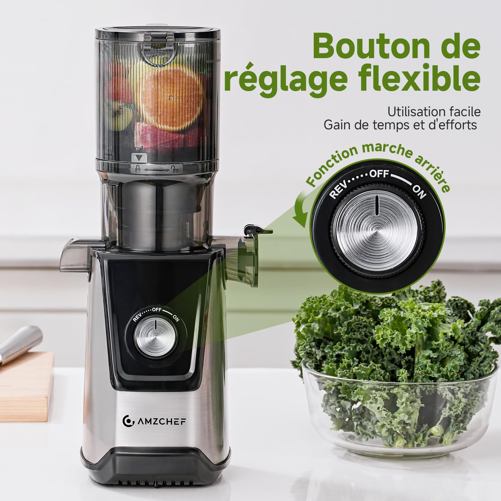 AMZCHEF Extracteur de Jus à Froid, Slow Juicer 118 mm, Fruits et Légumes Entiers, Fonction Inverse, Double Filtration, Argenté