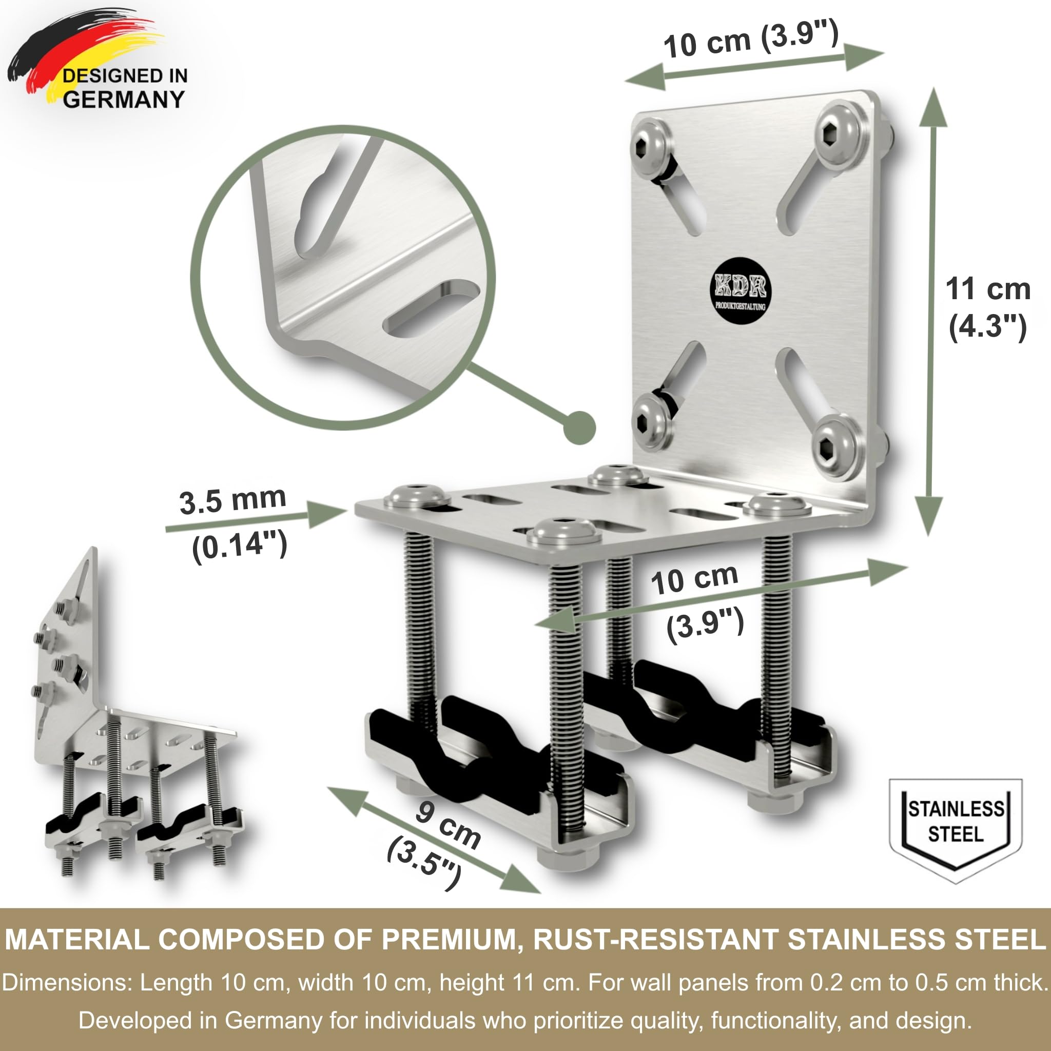 KDR - Supporto per cassetti da balcone in acciaio inox, senza foratura, per balconi e tende laterali fino a 160 x 160 cm, morsetto per ringhiere rotonde e quadrate, antiruggine, resistente alle