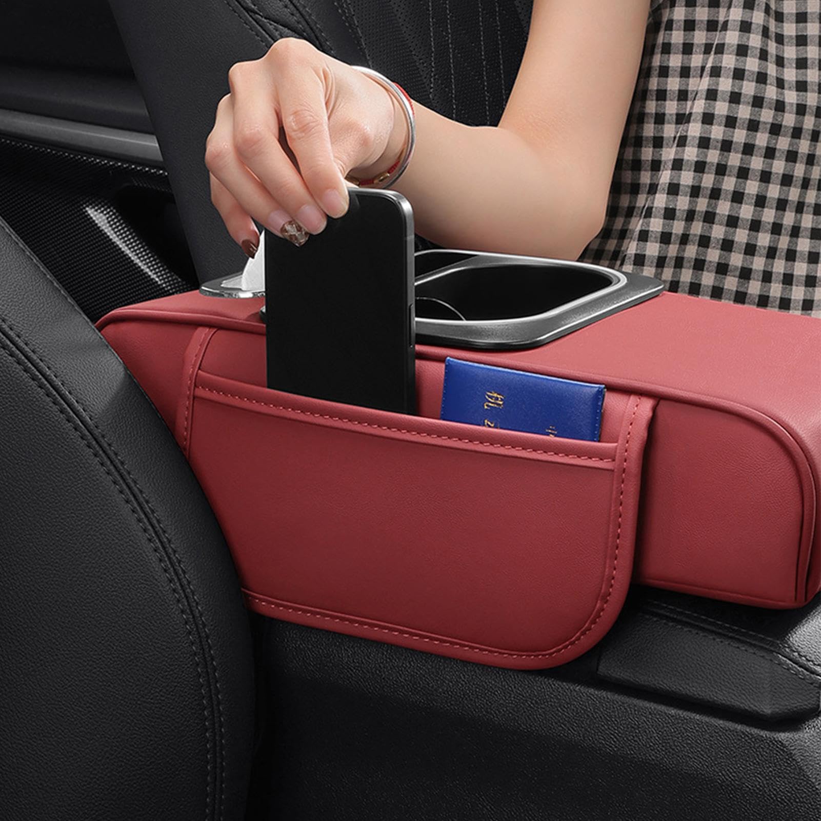 Organizer na podłokietniki samochodowe, wielofunkcyjne pudełko na uchwyty na napoje i chusteczki higieniczne, z kieszenią boczną, oświetleniem nastrojowym, portem USB i regulowaną podpórką na