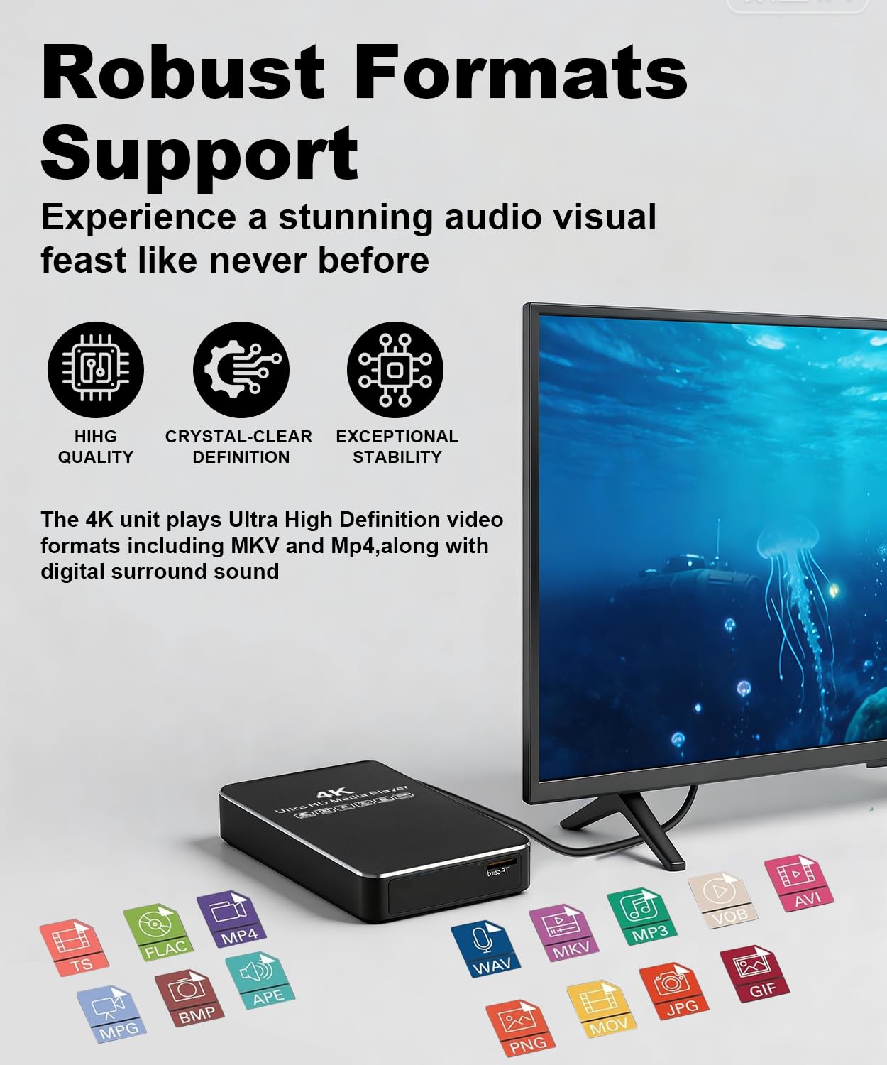 4K HDD 60Hz Media Player & HDD Enclosure 2 w 1, metal, Play H.265/HEVC H.264/AVC MP4 MKV Video MP3 Music JPG Photos,4K HD, analogowy AV, USB 3.0, typ C, obsługuje SSD, 2,5" SATA HDD z kartą USB/SD
