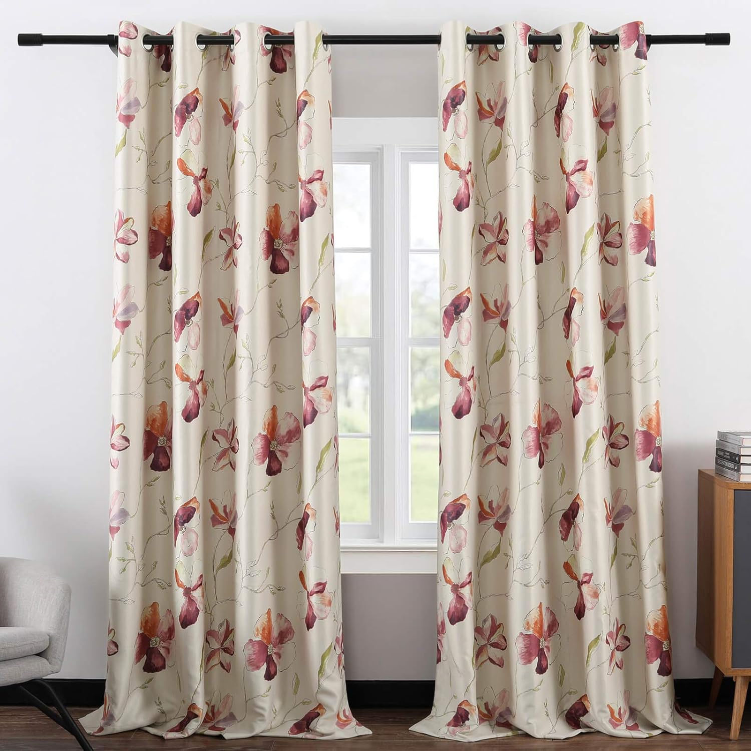 Leeva Red Floral Blackout Window Curtains for Sliding Door, Grommet Top Thermal Insulated Room Darkening Home Decor Window Drapes for Office and Studio, 52 x 63, 2 Panels A2 52"W x 63"L (Pack of 2)