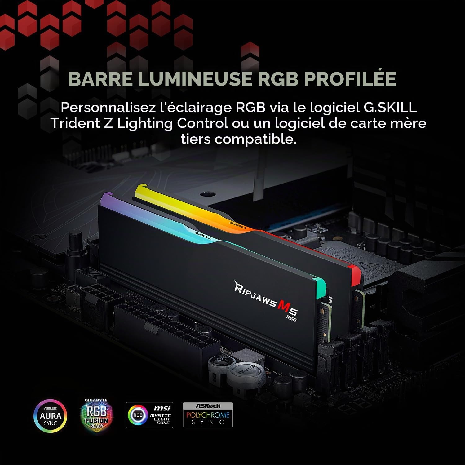G.SKILL Ripjaws M5 RGB Series DDR5 RAM (Intel XMP 3.0 et AMD EXPO) 32 Go (2 x 16 Go) jusqu'à 5200 MT/s CL40-40-40-83 1,10 V pour ordinateur de bureau U-DIMM – Noir mat (F5-5200J4040A16GX2-RM5RK)