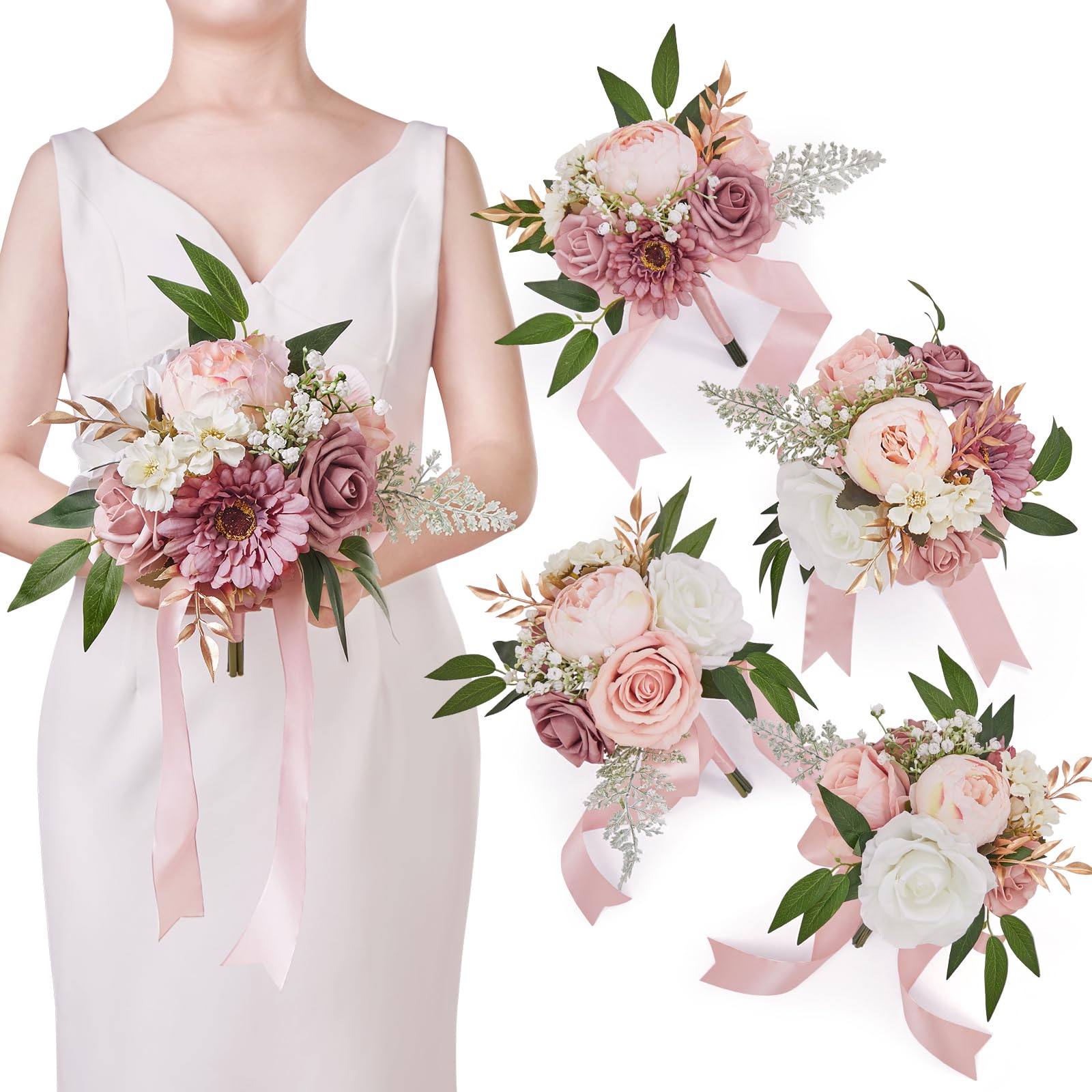 Serwalin Bouquet Damigella D'Onore Rosa Polveroso - Set Da 4 Fiori Artificiali Per Matrimonio