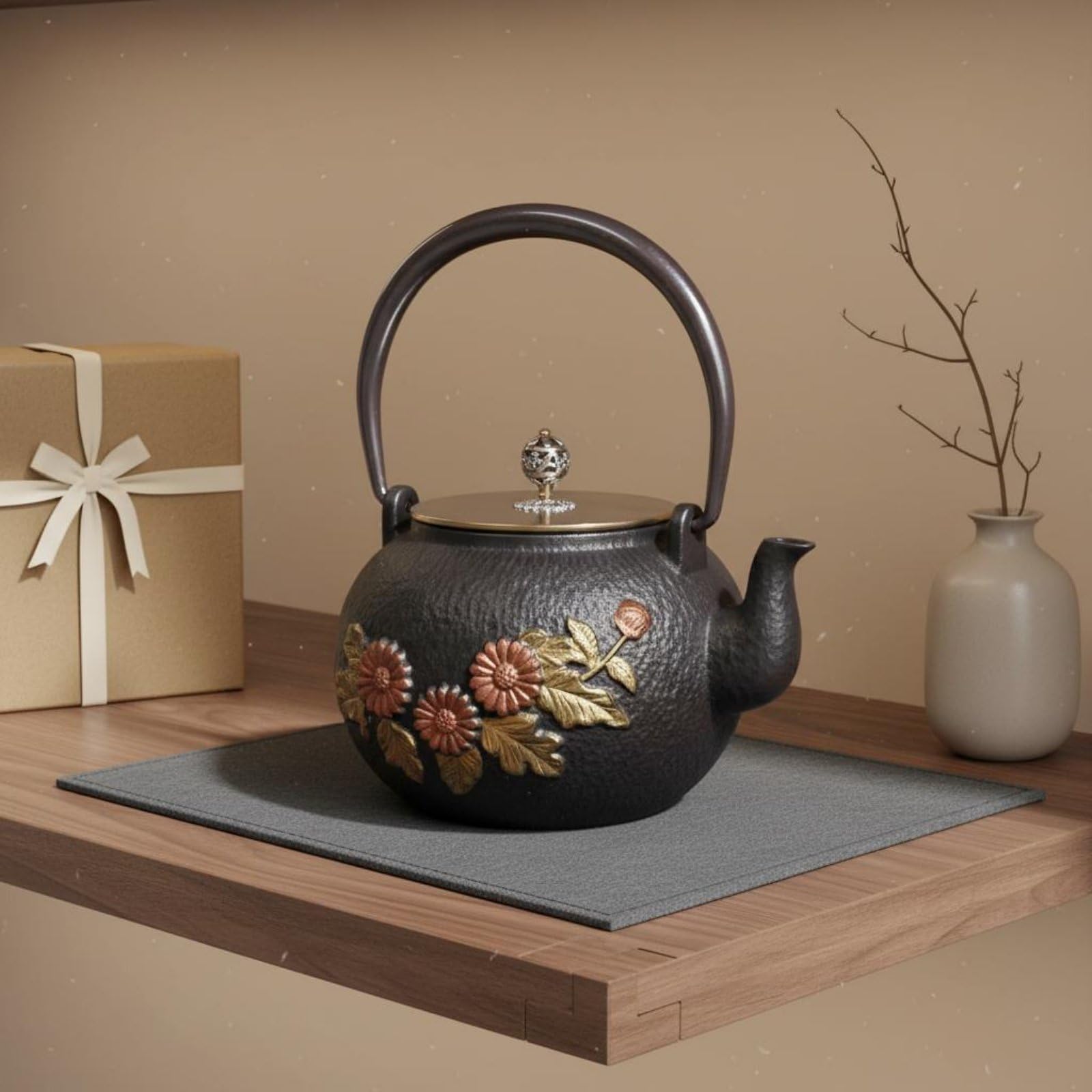 TISHITA Tetera de Hierro Fundido Japonesa Tetera Hervidor Caldera Decorativa y Funcional Libera de Hierro y el Cobre y Relieve Adecuada para del Té Meditación Hogar, 1.2L Girasol