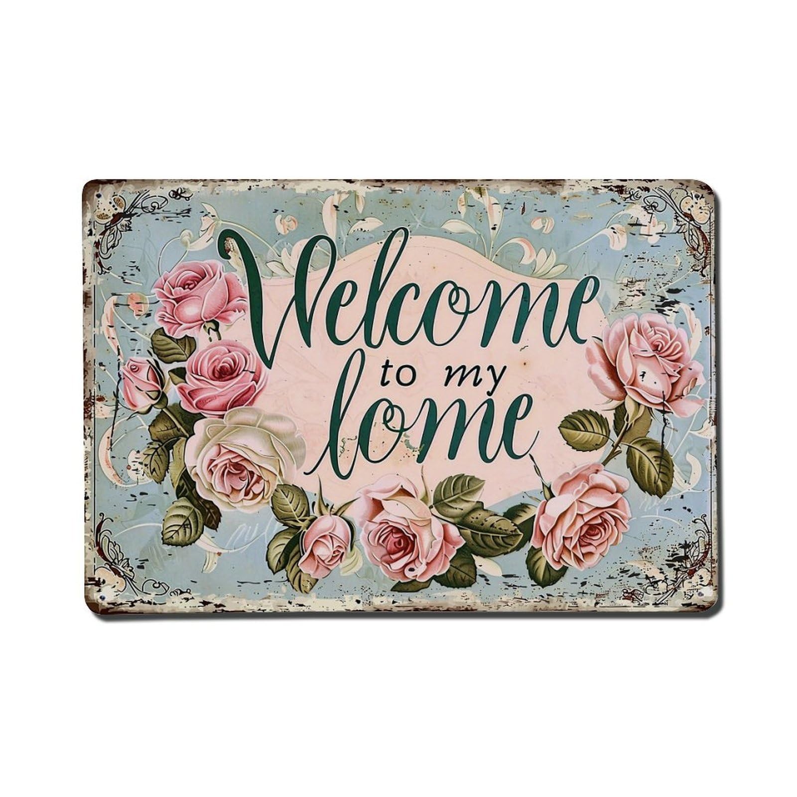 Vintage Roses Welcome Sign Vintage Tin Sign Retro Metal Wall Decor Metal Poster, Home Bar Garage Farmhouse Cafe Wall Art Decoration 8x12Inches