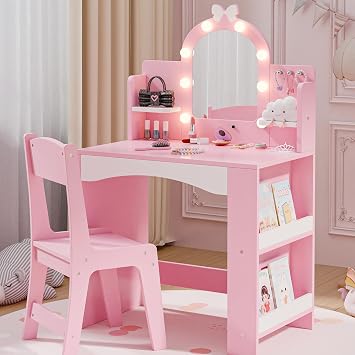 MU Kids Vanity with Lights, Princess Makeup Vanity Table and Chair Set for Girls, Toddler Vanity Desk with Open Bookshelf, Storage Cabinet & Shelves, Stools, Pink