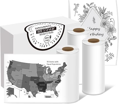 ORGBRO White Self-Adhesive Thermal Paper, Sticker Paper for X3/Z3 Portable Sticker Printer, Black on White, Mini Printer Paper for Journal, Photos, Study Notes - 80mm 3m per Roll, 3 Rolls