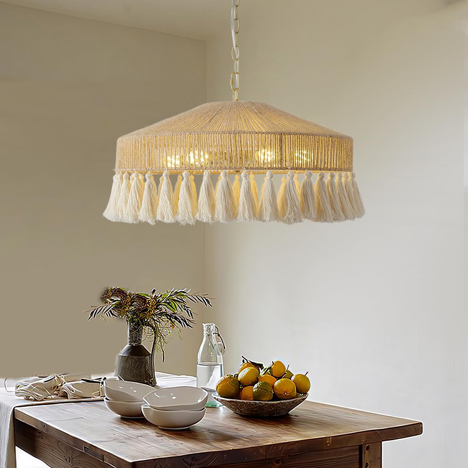 Boho Hand Woven Chandelier Large Rattan Pendant Light 19.5in 6 Lights Chandelier Coastal Style Ceiling Lighting Fixtures for Living Dining Room Kitchen Bedroom Nursery Girls Room