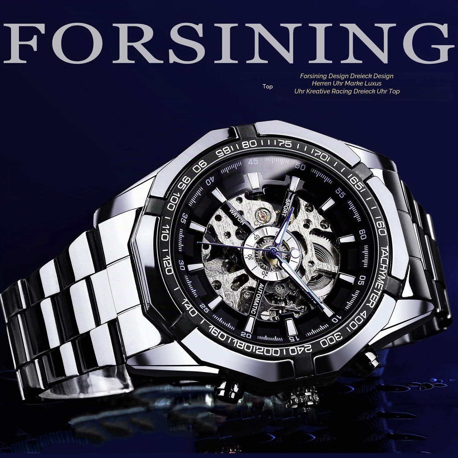 FORSINING Herren-Armbanduhr, selbstaufziehend, Skelett, ausgehöhlt, mechanisch, automatisch, luxuriös, blaues schwarzes Edelstahlband, wasserdichte Armbanduhr