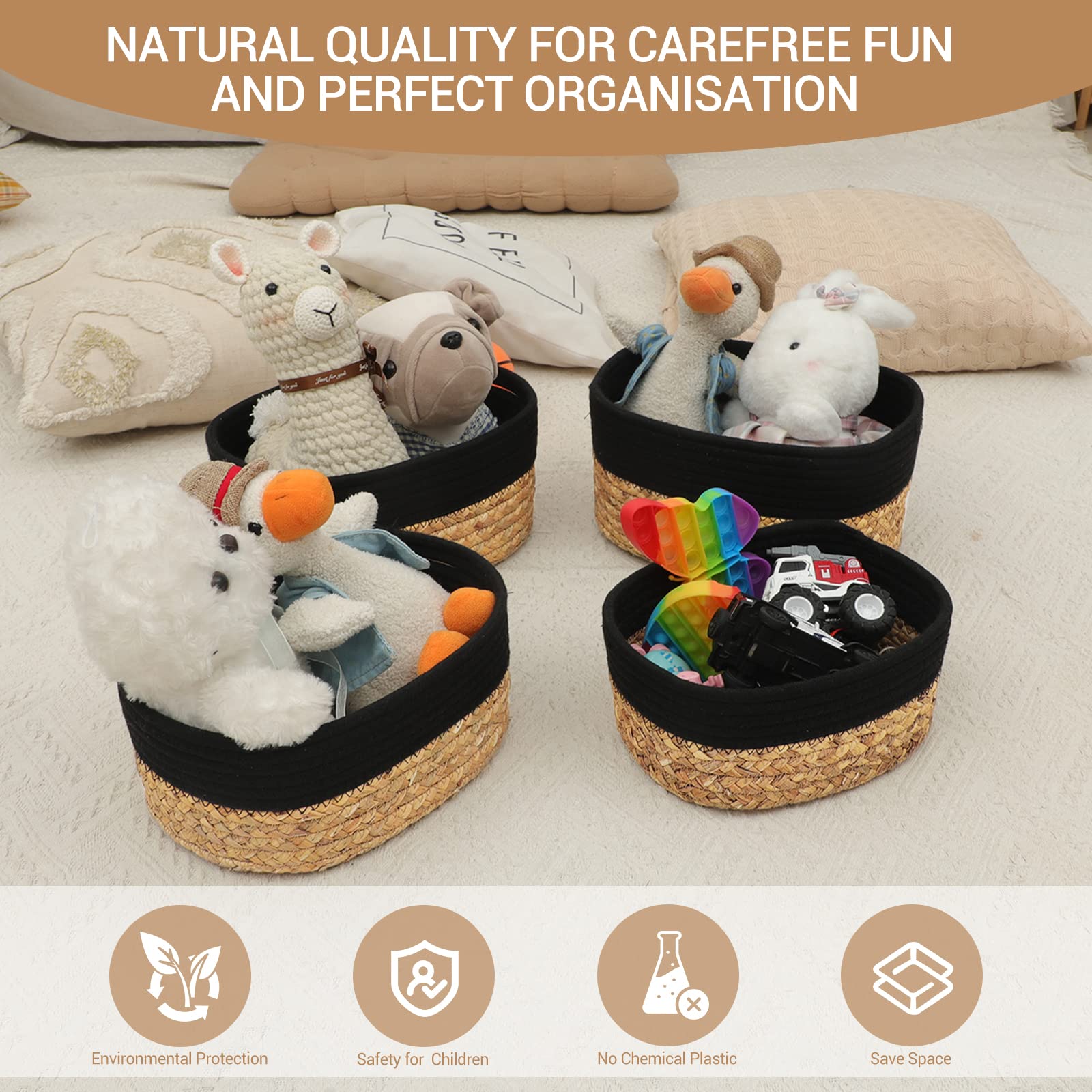 Lannvan Set di 4 Cestini Portaoggetti,Cestino Portaoggetti in Corda di Cotone e Giacinto d'acqua per Bambini Bambina,Impilabile Organizer Fasciatoio,Cesto Portaoggetti Ceste Portaoggetti per Bagno
