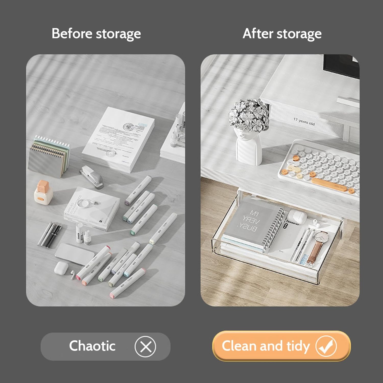 Under Cabinet Drawers Adhesive Under Shelf Drawer Clear Slide Out Cabinet Organizer Plastic Under Desk Storage for Kitchen Pantry, Cabinet Accessories, Standard, White