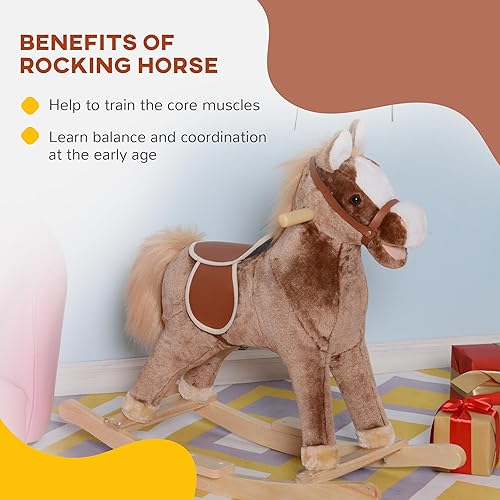 Miniatura 5 de Qaba Caballo mecedor para niños, juguete de peluche para niños pequeños, base de madera con mango de agarre, juguete tradicional para niños de 36