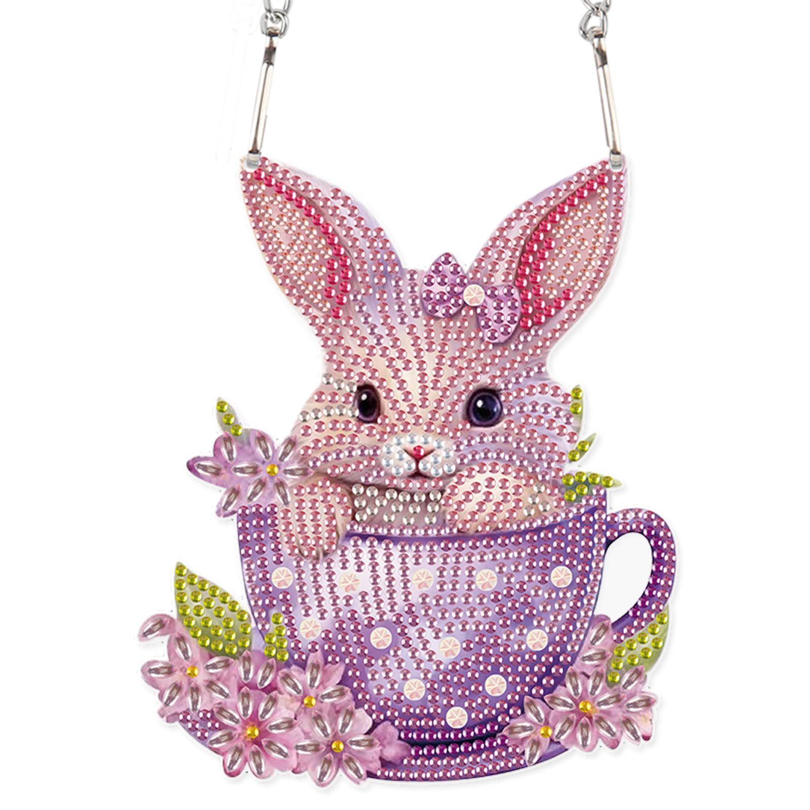 Lovely Rabbit in Teacup DIY Acrylic Diamond Art Painting Pendant Kits Special Shaped Rhinestone Round Diamond Art Window Pendants Home Garden Wall Door Birthday Easter Day Festival Gifts
