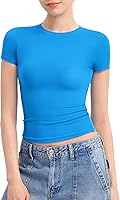Vista 1 de PUMIEY Camiseta básica de manga corta con cuello redondo para mujer, con doble forro, ajustada, colección Smoke Cloud Pro