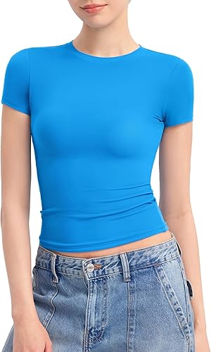PUMIEY Camiseta básica de manga corta con cuello redondo para mujer, con doble forro, ajustada, colección Smoke Cloud Pro