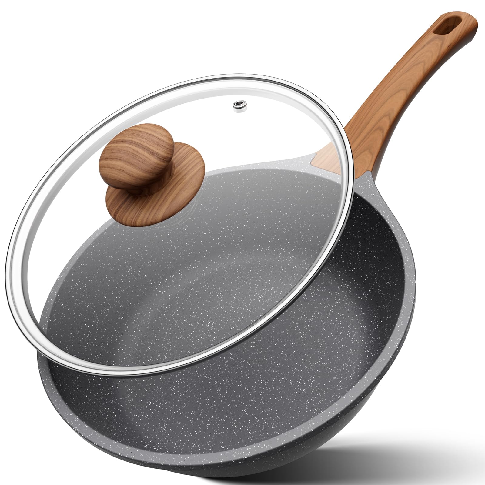 YASHE 24cm Deep Frying Pan with Lid, Granite Non-Stick Deep Skillet, Deep Sauté Pan, Induction Compatible, Easy Storage, Durable Healthy Cooking