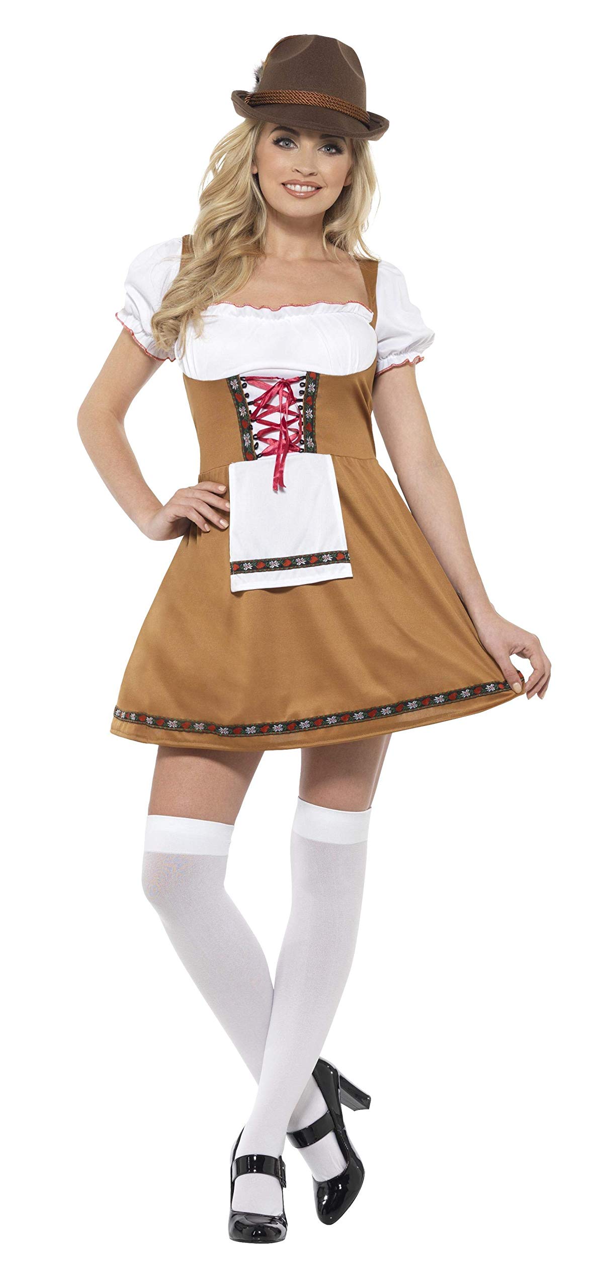 Smiffys Bayerisches Biermädchen-Kostüm braun mit kurzem Kleid & angenähter Schürze Oktoberfest Verkleidung Erwachsene Dress Up Kostüme