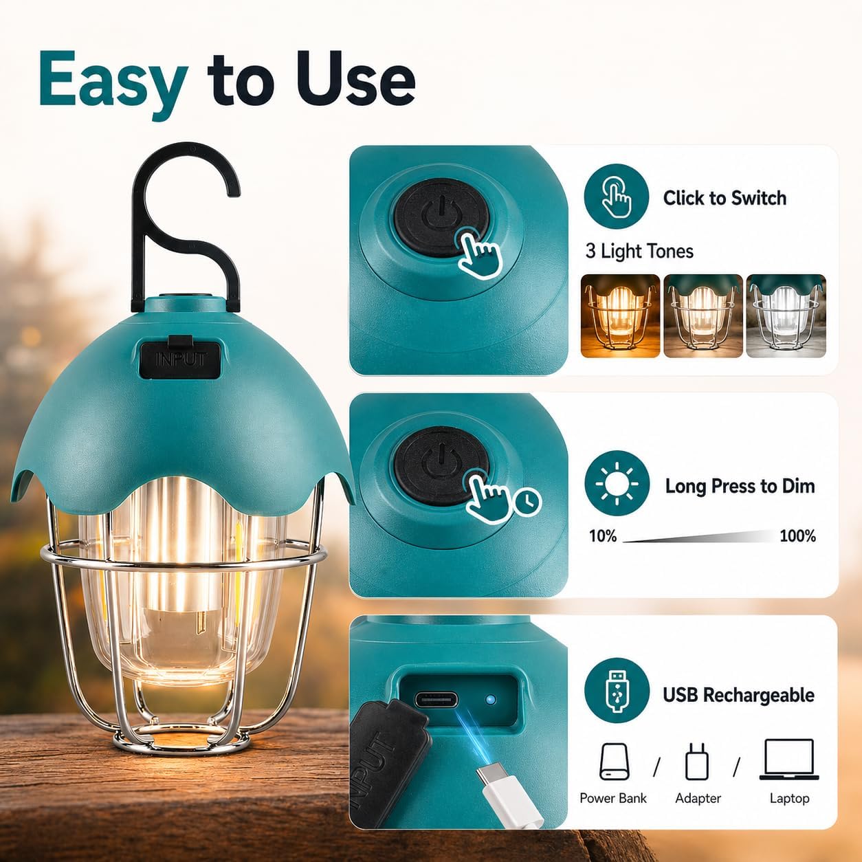 HOMY LED Camping Light Rechargeable Waterproof Vintage Tent Light with Warm Glow, Dimmable Outdoor Lantern for Camping, Emergencies, and Power Outages