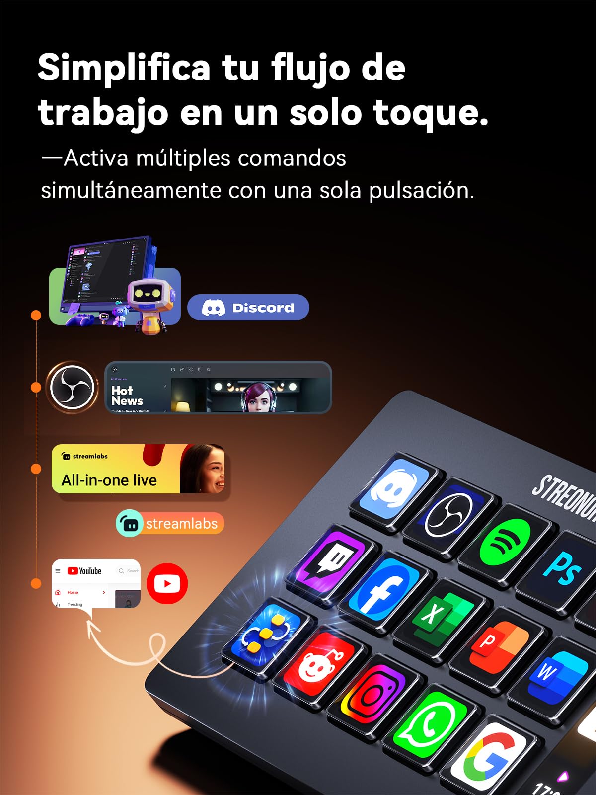 STREONOR Stream Controller Standard S15 con 15 teclas y Panel informativo | Controlador de transmisión Para streaming, gaming y trabajo, compatible con OBS, YouTube, Twitch, PC y Mac - Negro