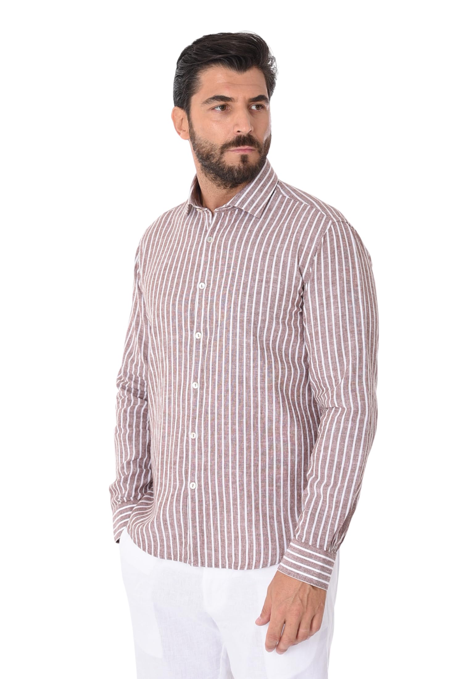 Camicia Lino Uomo Estiva a Righe Bianche Camicia Elegante Collo Francese