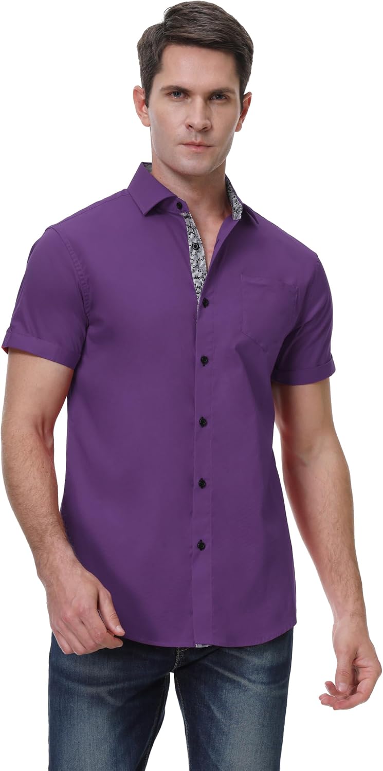 Esabel.C Mens Short Sleeve Dress Shirts 4-Way Stretch Regular Fit Stretch Wrinkle-Free Casual Button Down Shirts - Image 2