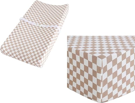 LifeTree Muslin Crib Sheets and Changing Pad Covers Fitted, Checkered Pattern, 70% Viscose from Bamboo and 30% Cotton Fabric