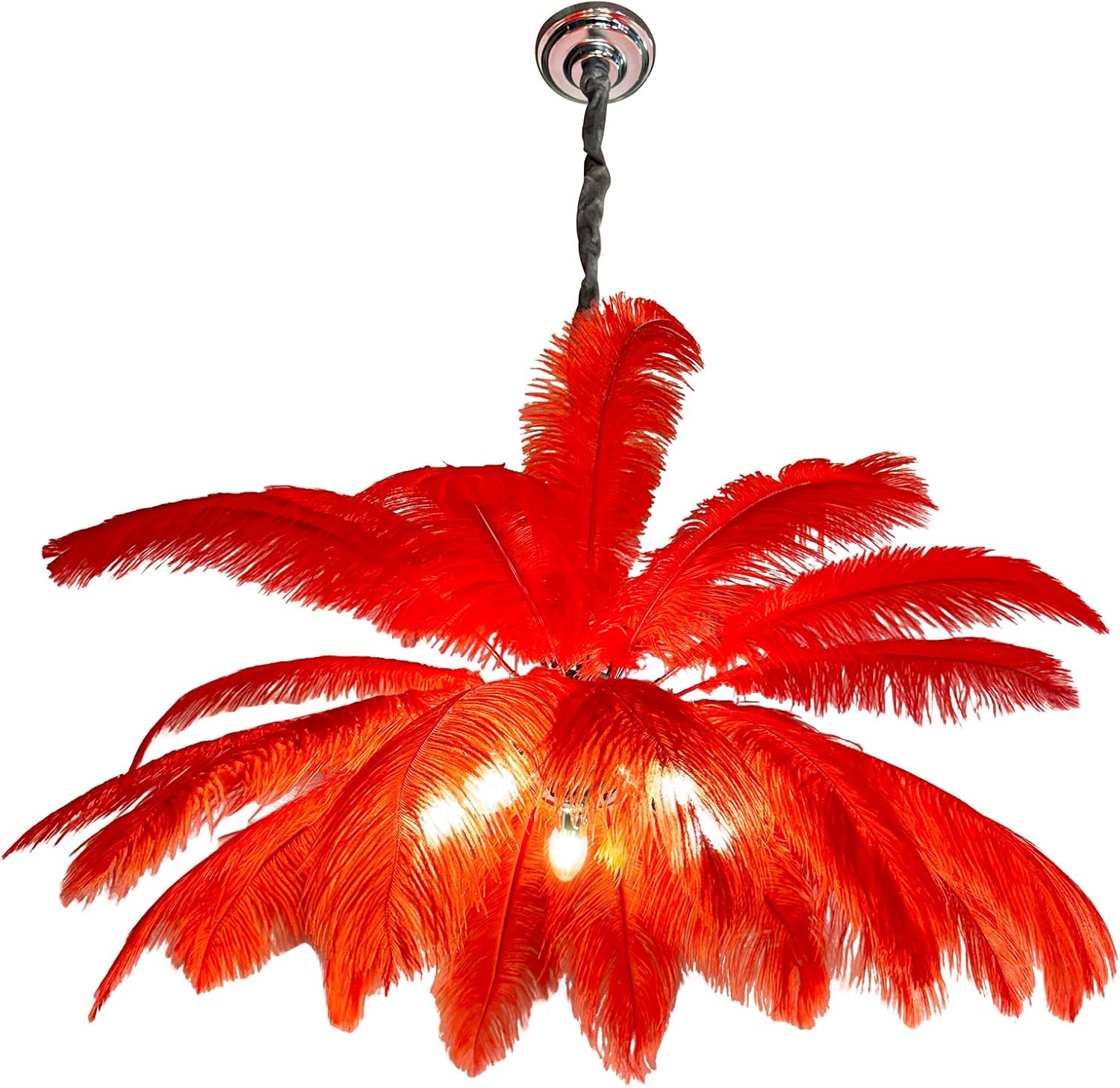 Modern Feather Chandelier for Bedroom, Red Feather Ceiling Light Fixture with Ostrich Hair Lampshade, Pendant Lights for Living Room, Hotel, Corridor, Foyer