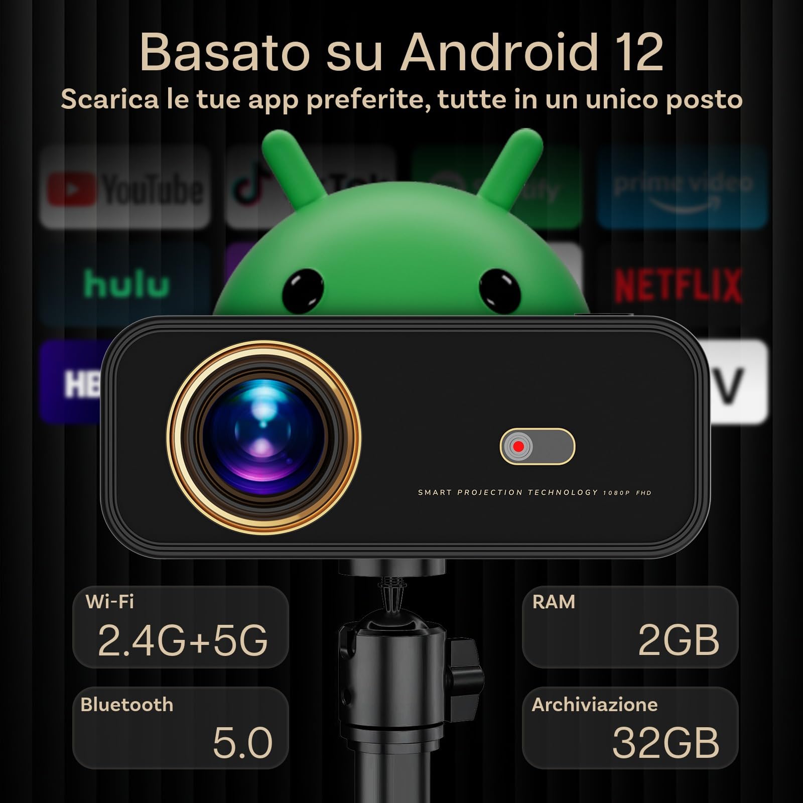 Proiettore 1080P Nativo WiFi & Bluetooth con Schermo 100 Pollici e Supporto – 4K Supporto, 900 ANSI, Correzione Keystone Automatica – Per HDMI, USB, iOS & Android – 50–300 Pollici – Di MMOBIEL