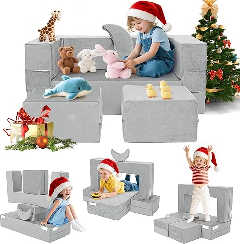 Miniatura 17 de Sofá modular de juego para niños, 13 piezas, sofá de espuma de alta densidad, muebles de sala de juegos convertibles con funda de terciopelo suave