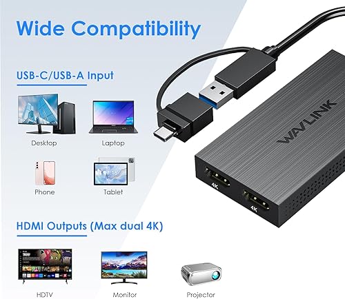 Miniatura 4 de WAVLINK Divisor USB 3.0 o USB C a HDMI dual pantalla extendida para monitor doble, adaptador Displaylink Dual HDMI 4K 60Hz para Apple Mac M1M2M3 o