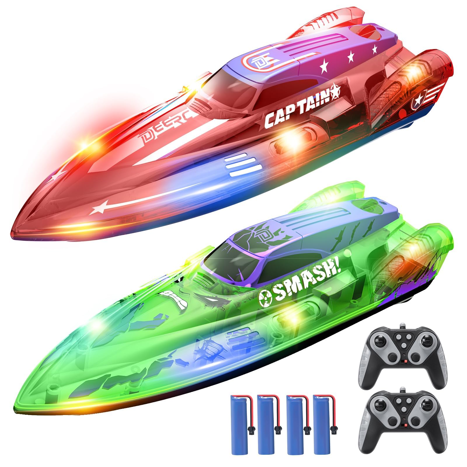 DEERC 2 Pack 13 inch Remote Control Boat for Kids, 4 Batteries, 2.4Ghz RC Racing Boat with LED Lights for Pools and Lakes, Summer Water Toy Gift for Boys 8-12