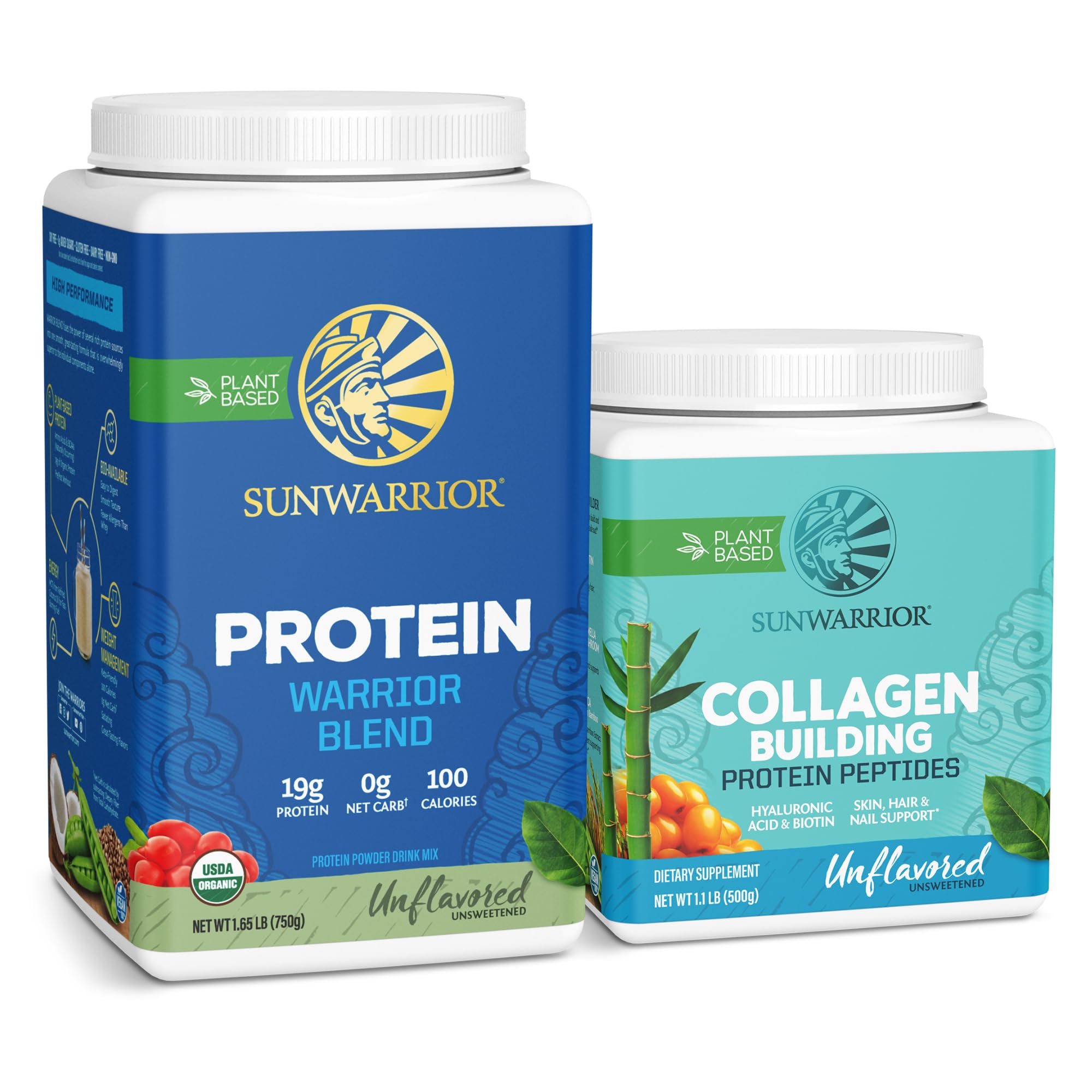 SunwarriorVegan Protein Powder | Unflavored 30 Servings & Vegan Collagen Building Peptide Powder | Unflavored 20 Servings