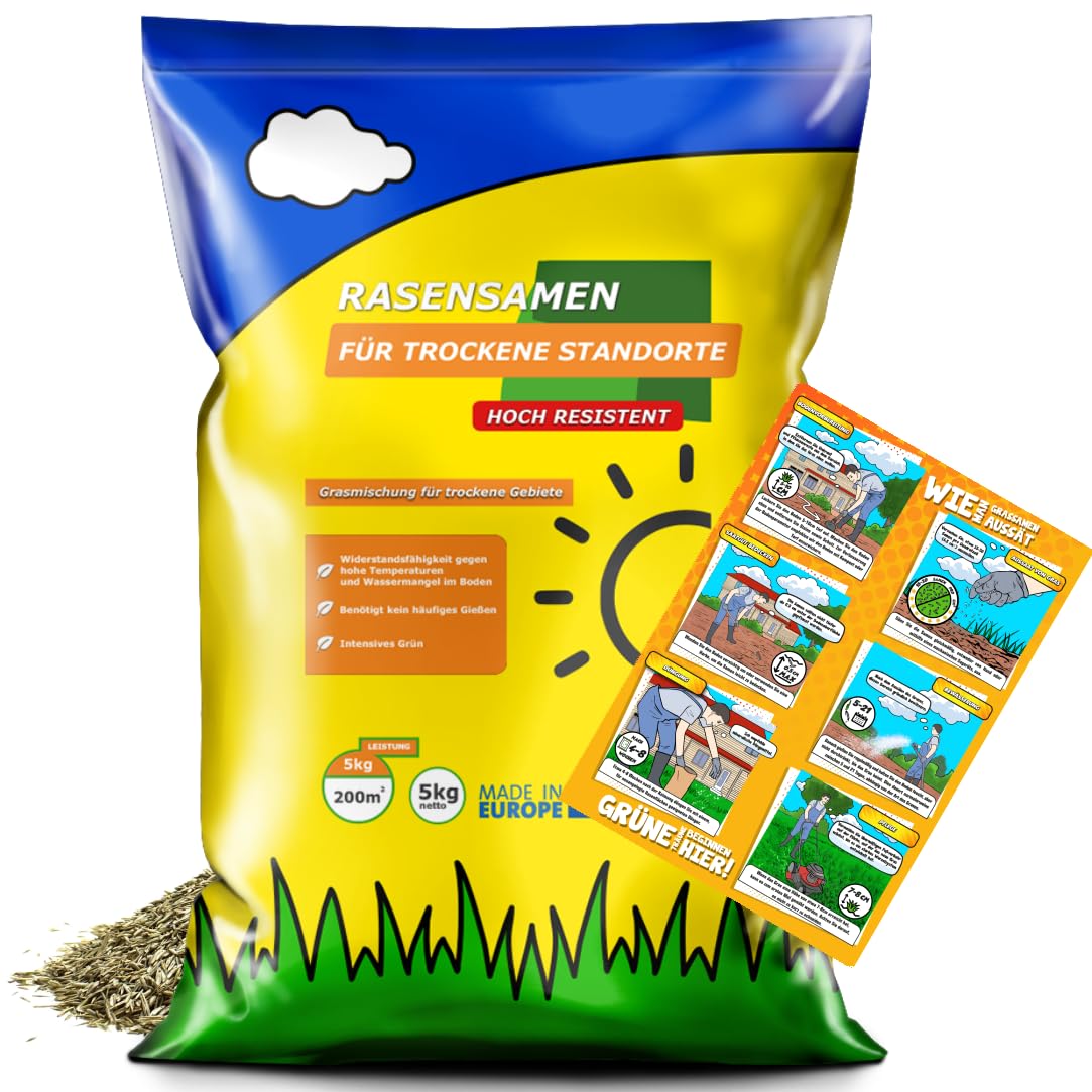 Rasensamen 5kg für Trockenrasen & Schattenrasen für 200m² - Samen Trockenheitsresistente - Rasen schnellkeimend - Grassamen verbraucht 20% weniger Wasser - Robust Gras - Samen für Neuansaat & Nachsaat