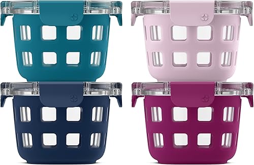 Miniatura 9 de Ello Duraglass Refresh - Juego de 4 recipientes de vidrio reutilizables de 2 tazas con tapas a prueba de fugas y mangas protectoras de silicona |