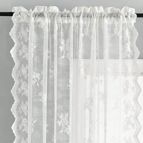 FINECITY Cortinas de encaje de 63 pulgadas de largo, cortinas de encaje floral de rosas contemporáneas con puntos a rayas para habitación de niñas,