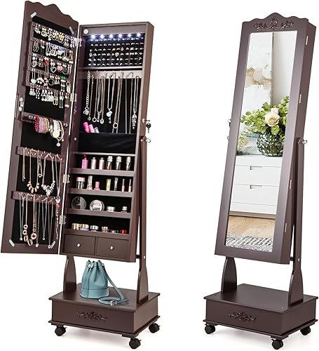 LDAILY Armario de joyería de pie con 6 LED organizador de joyas con bloqueo con ángulo ajustable de 3 posiciones 4 ruedas y cajones espejo de piso