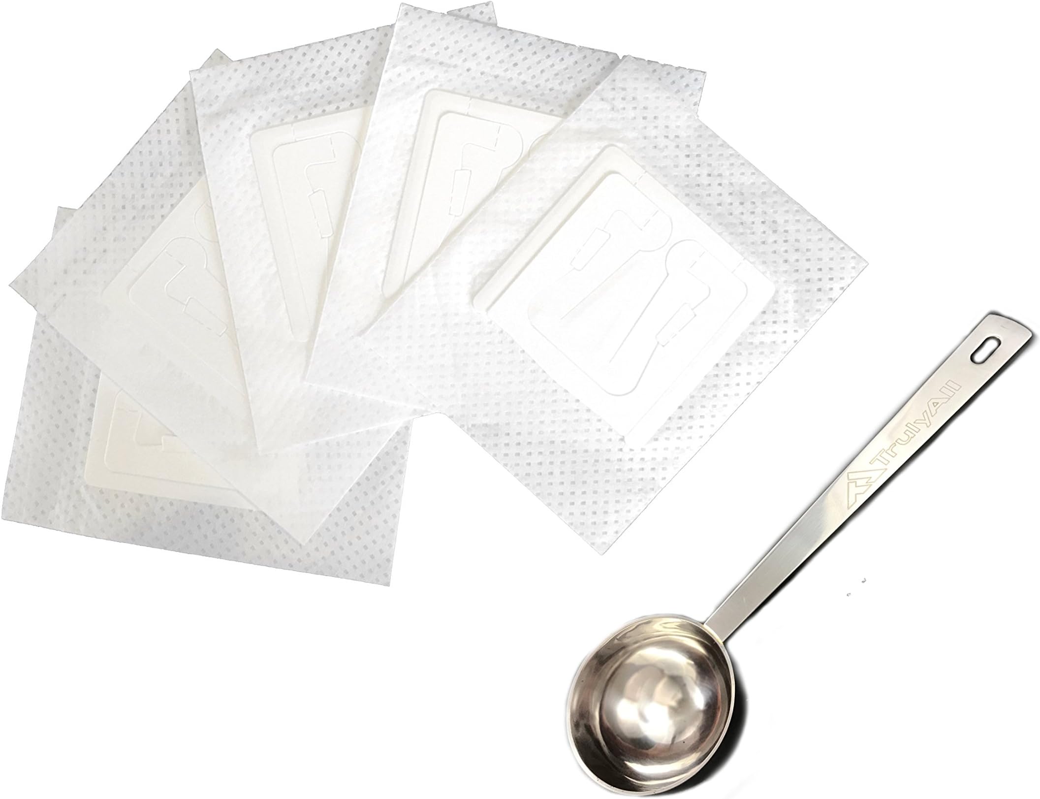 TrulyAll Disposable Coffee Single-Use Filter w/Premium Stainless Steel Spoon - Ultimate Way to Brew Single Cup of Coffee Without a Machine - Perfect for Travel, Camping, Home or Office (60 Filters)
