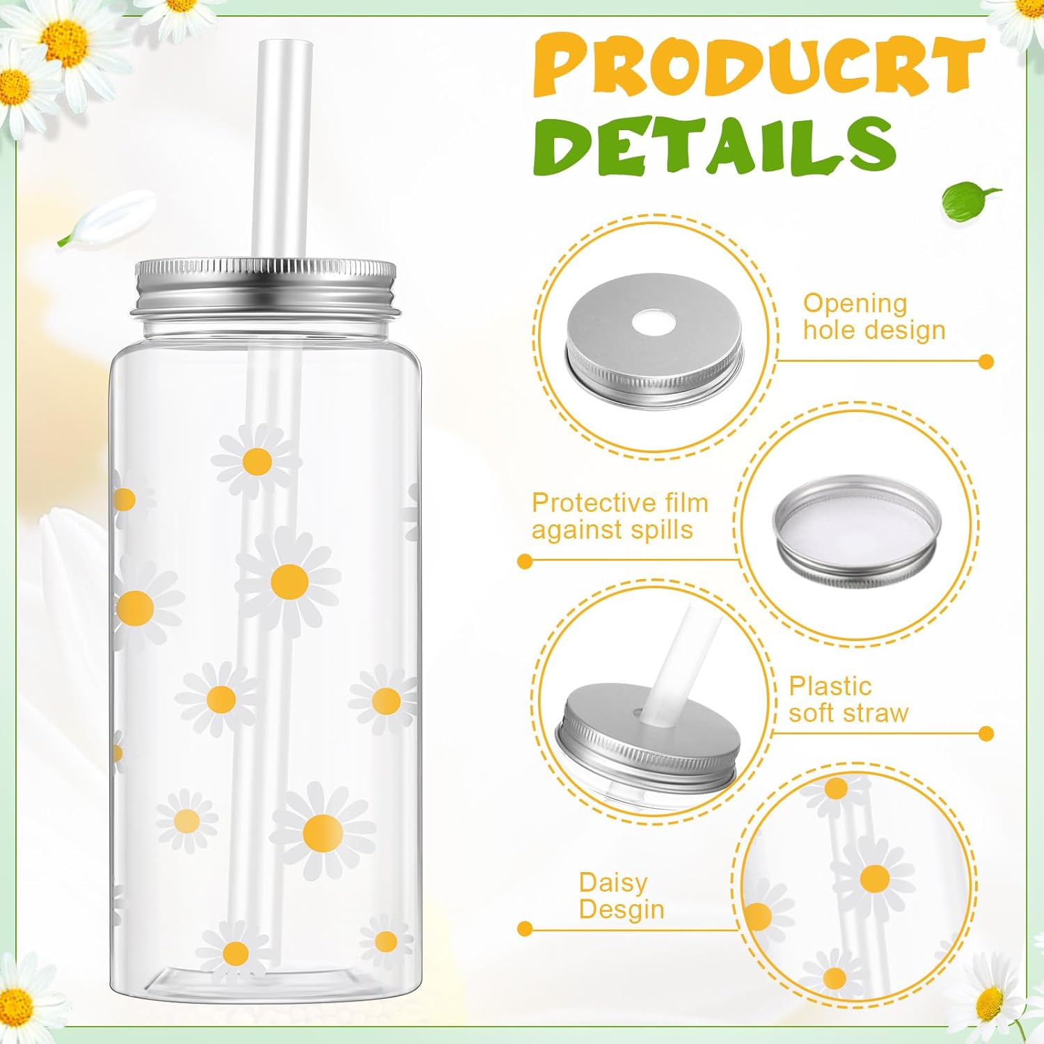 Vesici 24 Pcs Daisy Theme Party Tumblers Bulk Reusable 13.5 oz Cute Flower Plastic Cups with Straw and Lid Clear Cold Drink Water Bottle for Wedding Birthday Baby Shower Favor Supplies