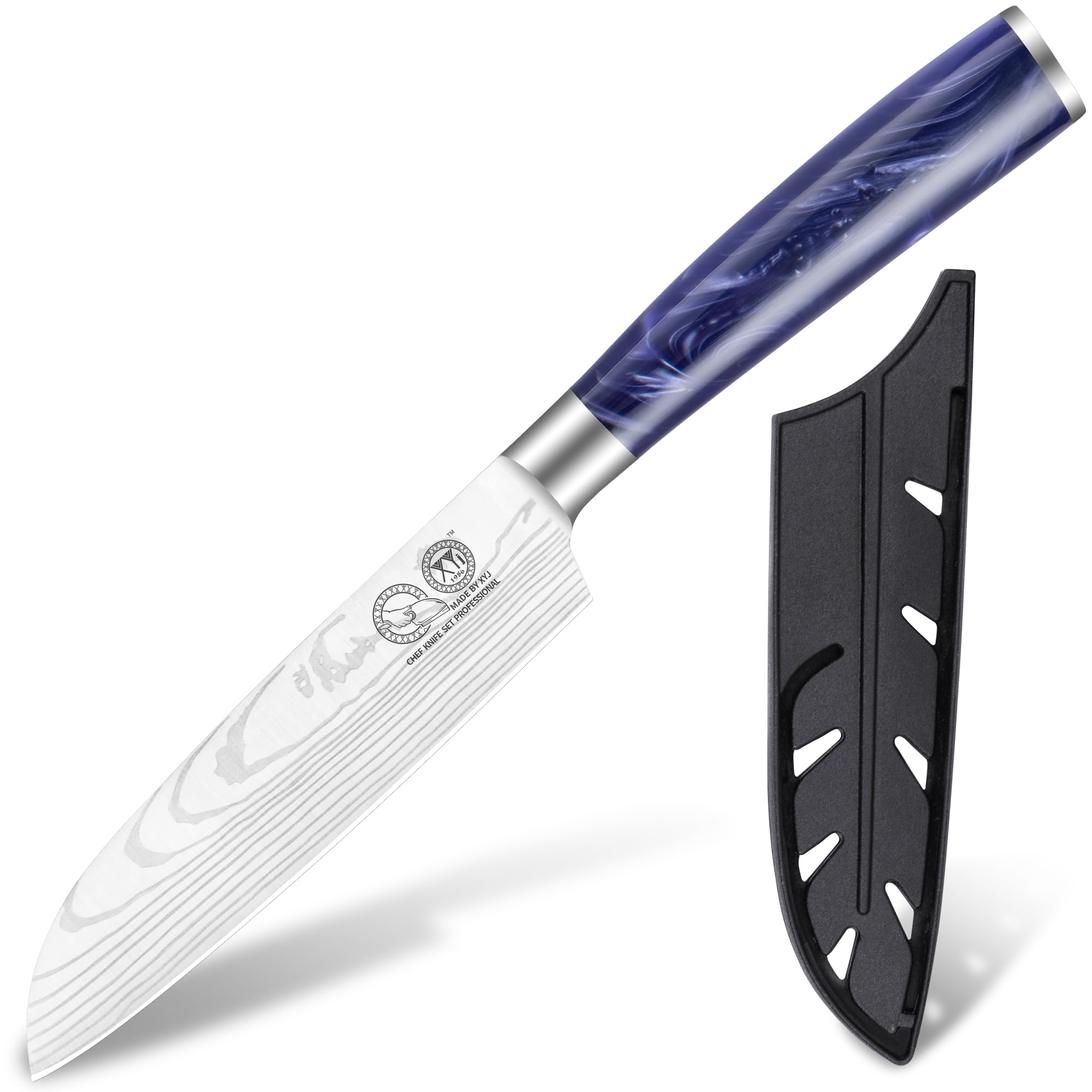 XYJ Coltello da Cucina Professionale, Coltello Santoku Giapponese da 5 Pollici in Acciaio Inossidabile, Motivo Laser Damacus, Coltello da Carne per Cucina, Campeggio e BBQ, Coltello con Coperchio