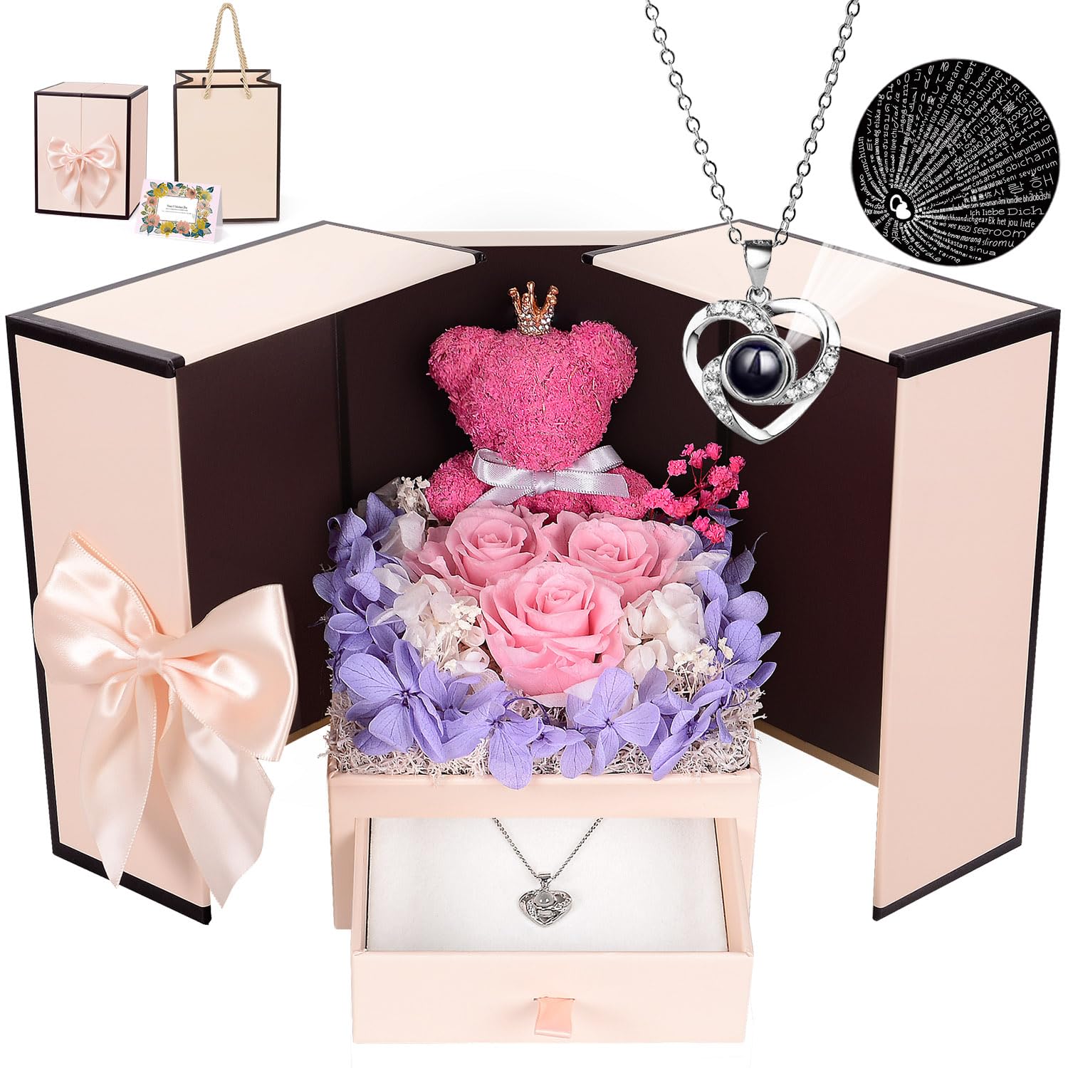 Preserved Rose Moss Bear with I Love You Necklace Roses Gifts for Women Girlfriend Wife Mom Grandma Christmas Valentines Mothers Day Birthday Anniversary Wedding