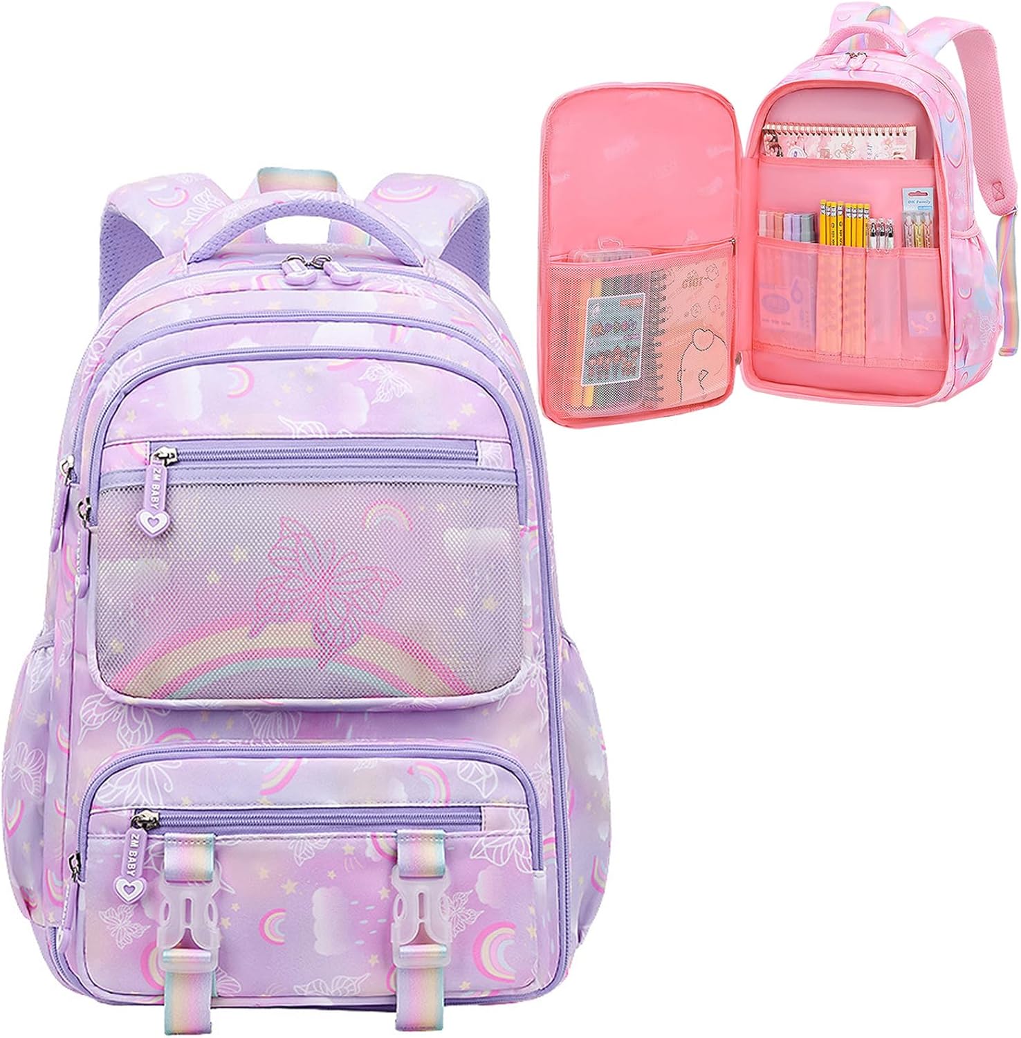 WYCY School Backpacks for Girls Kawaii Backpack Large Capacity Kids School Bag for Girls 6-12 Years Old (printed purple)