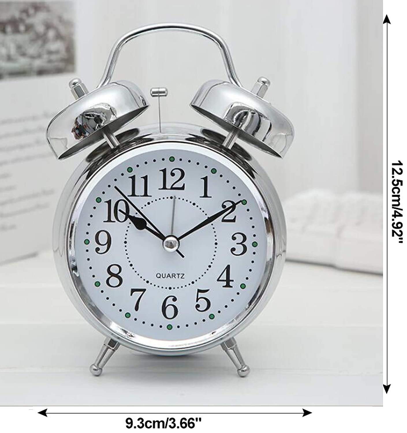 Imported Vintage Look Noiseless Steel Metal Case Back LED Light Alarm on/Off Switch 6.2 Inch Dial Diameter Bell Table Clock - Silver Colour — Amazon image 6