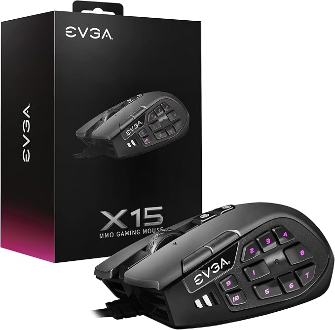 EVGA X15 MMO Gaming Mouse, 8k, Wired, Black, Customizable, 16,000 DPI, 5 Profiles, 20 Buttons, Ergonomic 904-W1-15BK-KR