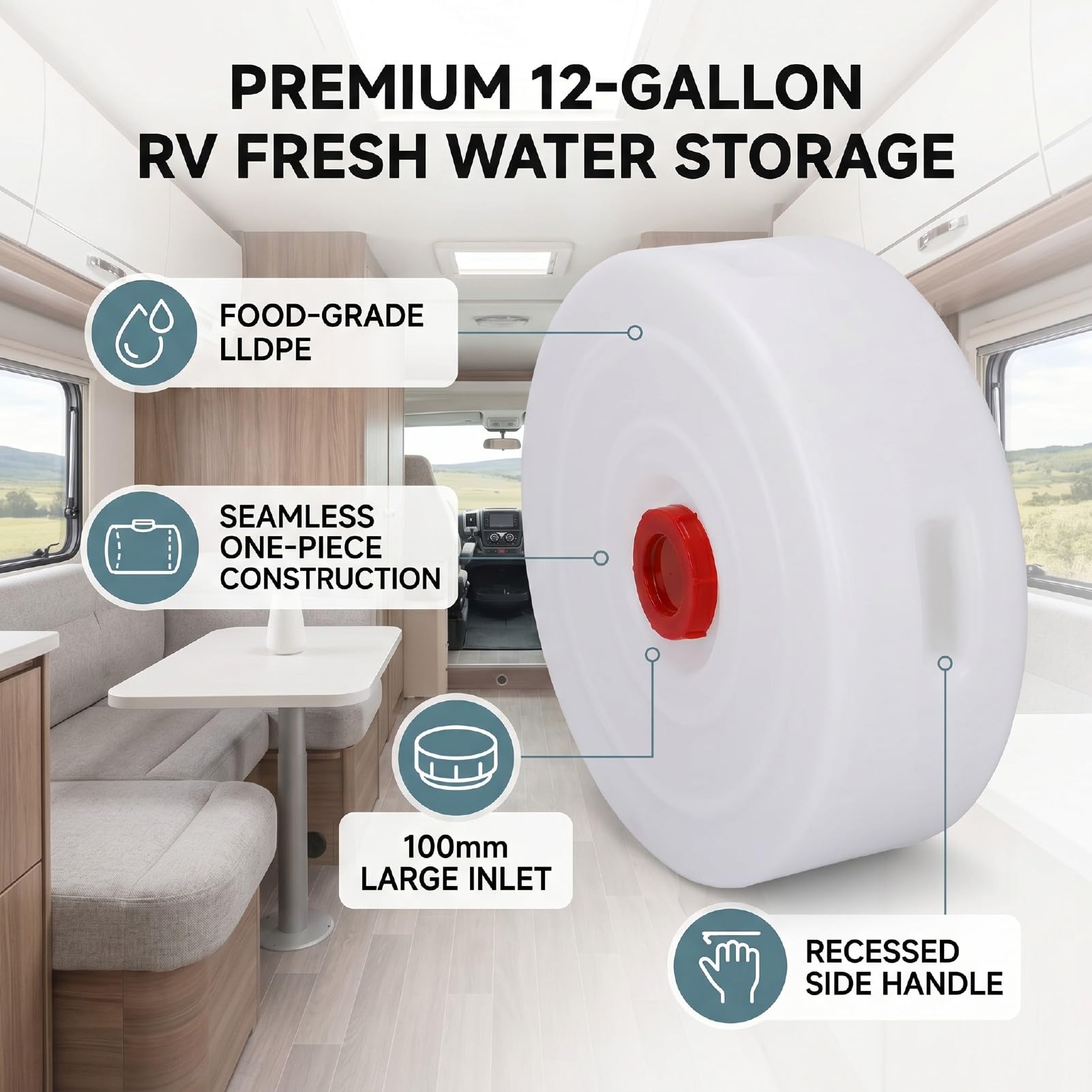 Yctze Wohnmobil-Wassertank, Süßwassertank, Wasserspeichertank, 12 Gallonen, 45 L, LLDPE in Lebensmittelqualität, Nahtlos, Auslaufsicher, mit Verstecktem Griff, 100 Mm Einlass