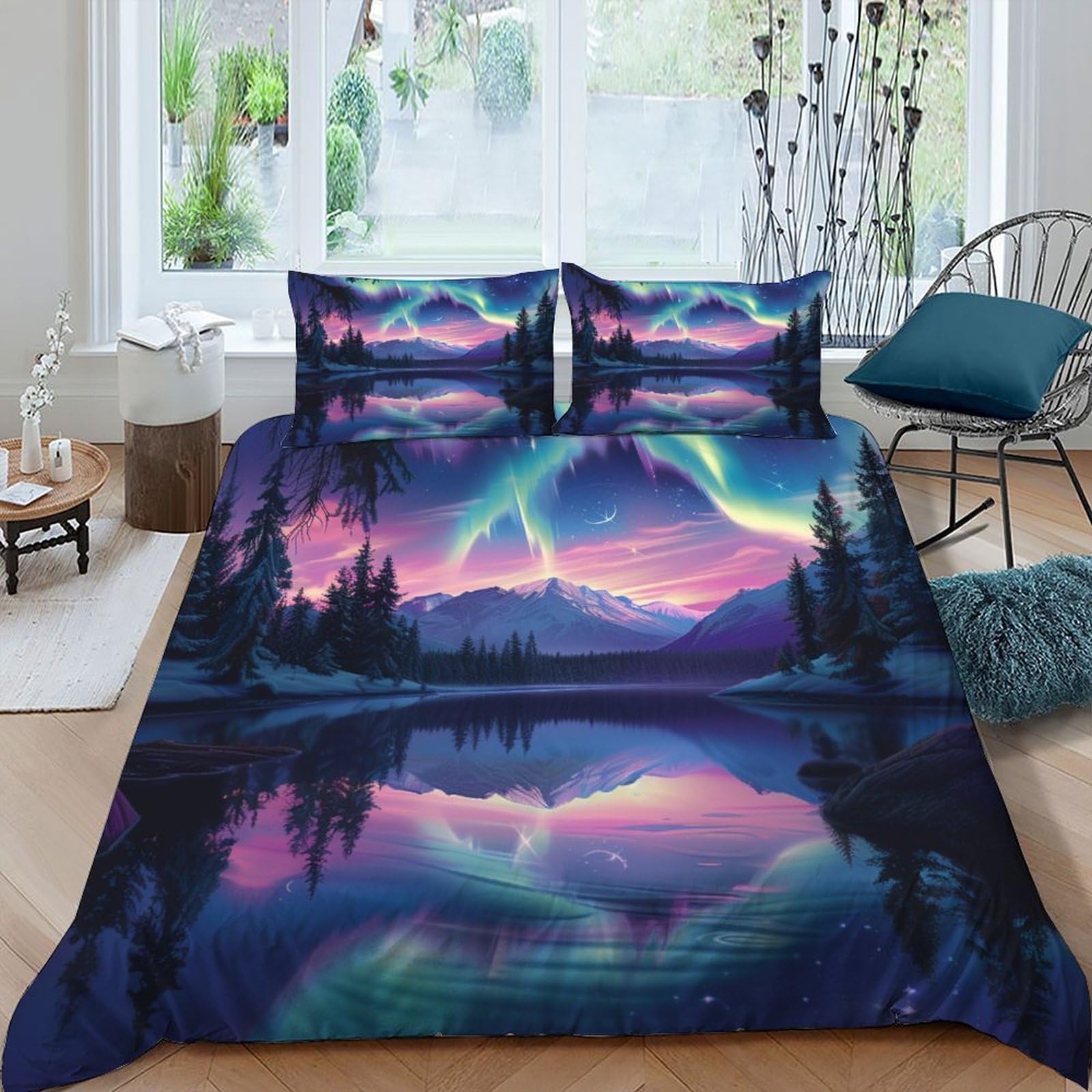 Housse de couette 220x240 cm Northern Lights avec 2 taies en microfibre pour lit King size