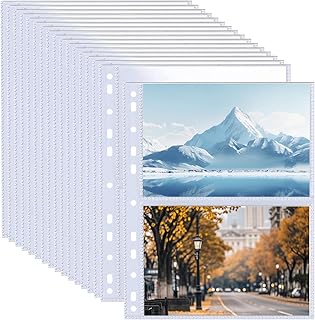 50er Pack A4 Fotohüllen mit 200 Fächern für 2/3/4-Ringordner, Transparente Postkartenhüllen mit 2 Fächern, Klarsichthüllen...