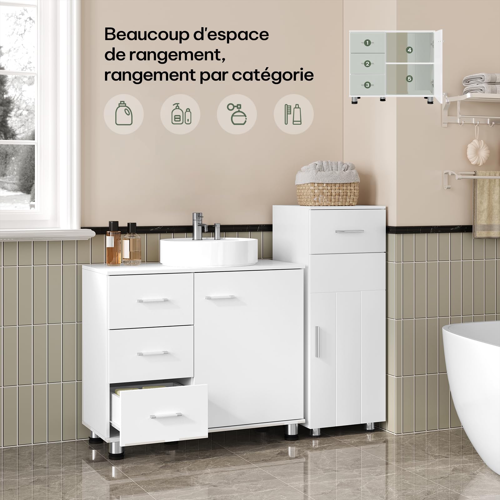 EUGAD Meuble sous Lavabo, Meuble Bas de Salle de Bain sur Pied, avec Tiroirs, Porte, Étagère Réglable, 70x60x30 cm, Blanche