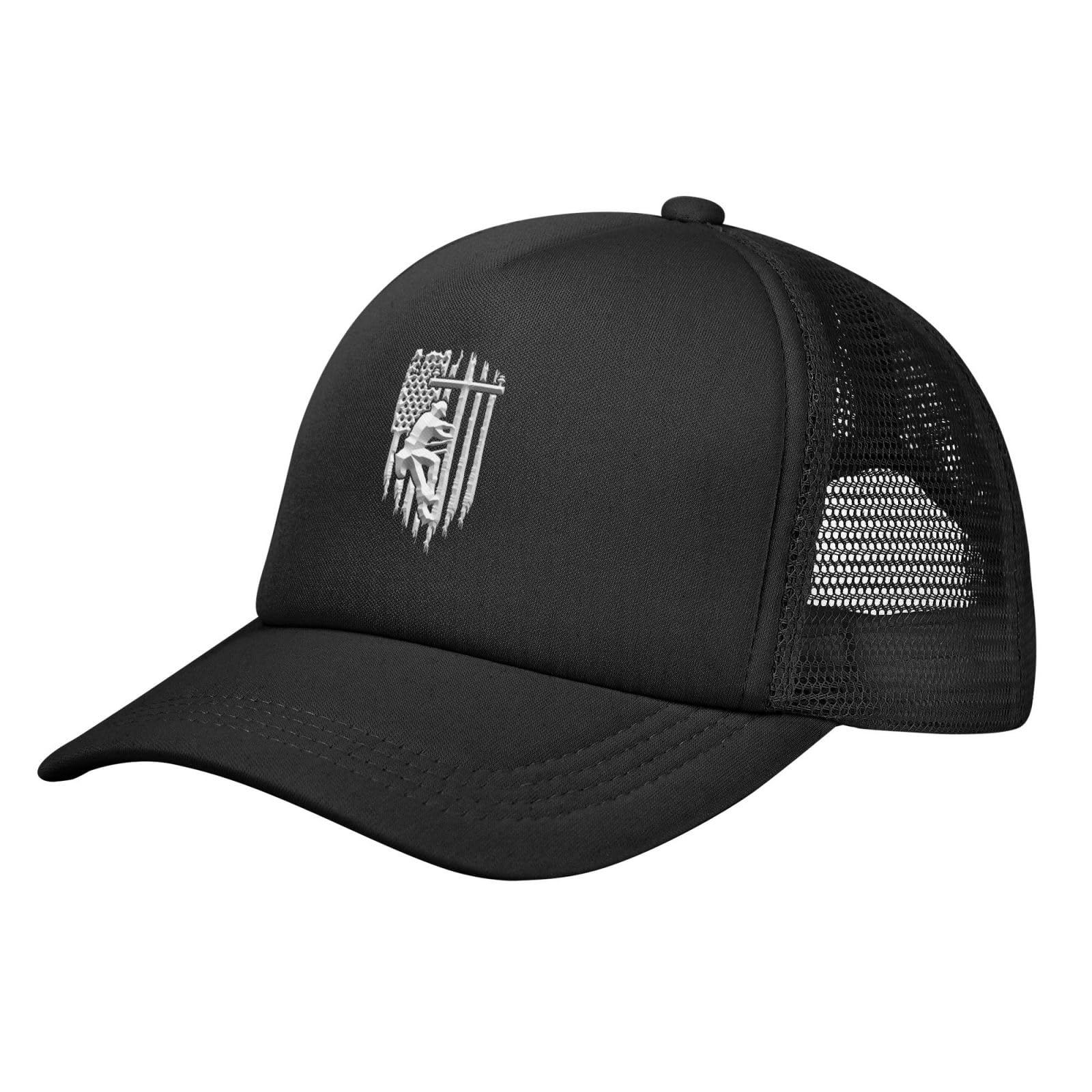 KWQDOZF American Flag Lineman,Canvas Mesh Back Baseball Caps Trucker Hat Black